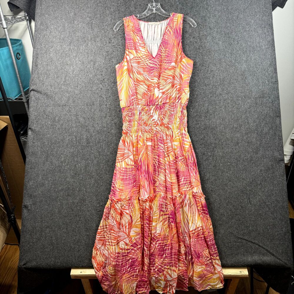 Ramy Brook Dress Women's Large Orange Pink Palm Tropical Tiered Smocked Silk